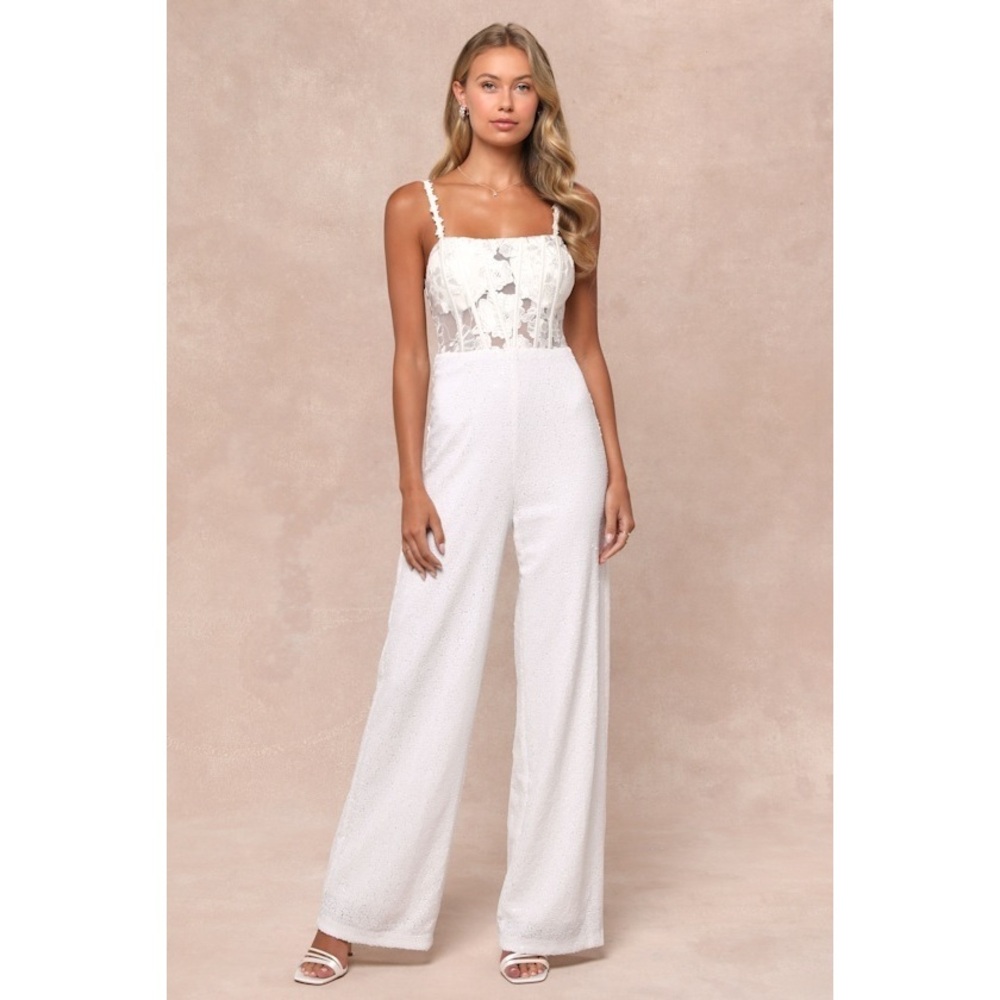 Lulus Everlasting Sparkle White Embroidered Sequin Bustier Jumpsuit - Size S